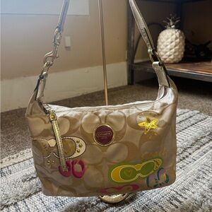Coach Tan Shoulder Bag with Colorful Patterns